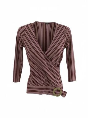 FANG Mauve and Brown Striped Faux Wrap Top with Side Buckle